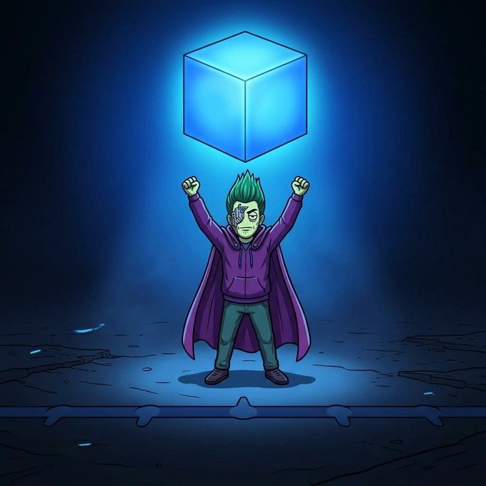 Digital artwork of a cartoon character with green hair, wearing a purple hoodie and cape, raising fists triumphantly beneath a glowing blue 3D cube against a dark background.