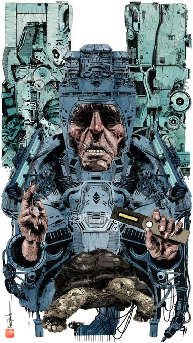 A gaunt, weathered man with bared teeth is encased within a massive, blue, mechanized throne-like apparatus, holding a book in his left hand. Behind him rises towering, industrial machinery, with his bare, muscular feet resting on mechanical supports, visually embodying the post's description of a figure who bridges spiritual tradition with technological and crypto-era innovation.
