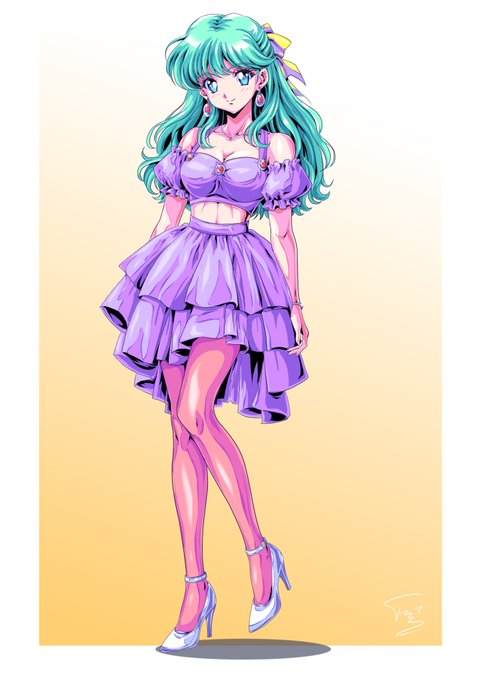 An anime-style illustration of a green-haired woman in a purple ruffled dress and high heels, signed 'Doz' in the bottom corner.
