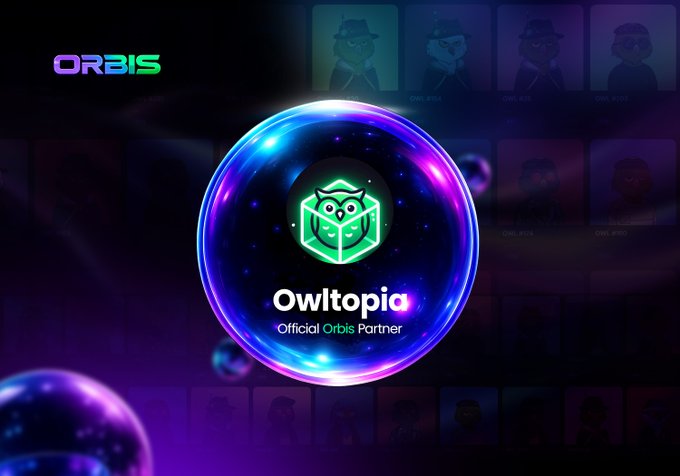 Promotional graphic for Owltopia, an 'Official Orbis Partner,' featuring a green owl logo inside a glowing blue and purple sphere, with the Orbis logo in the top left and a grid of NFT-style avatars in the background.