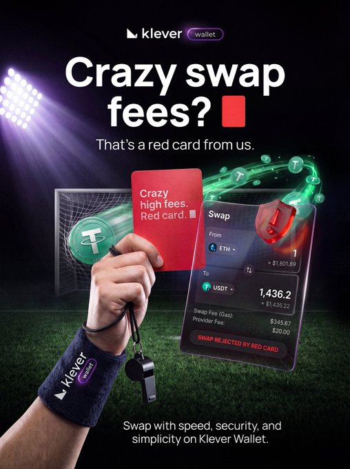 Klever Wallet advertisement featuring a soccer referee theme with the slogan 'Crazy swap fees? That's a red card from us,' showing ETH to USDT swap details with a rejected swap notice.