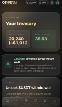 Screenshot of the Reign crypto platform's withdrawal page showing a treasury balance of $20,240 (BRDN) and 39.93 USDT, with an unlock USDT withdrawal step.