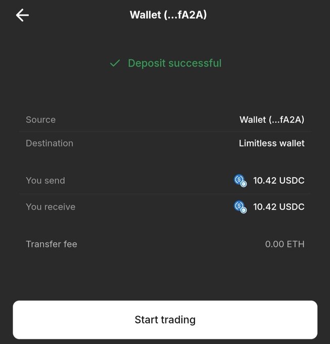 A mobile screen displays a successful deposit confirmation showing 10.42 USDC transferred from a wallet to "Limitless wallet" with zero transfer fee. The image humorously undermines the "$10 and a dream" post by revealing the actual deposit was $10.42 USDC—proving the "dreamer" already has a real, funded trading account ready to go.
