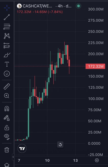 A candlestick trading chart for CASHCAT/WE... on a 4-hour timeframe, showing a current price of 172.32M with a -7.84% decline (down 14.65M), displaying a strong uptrend that has recently pulled back from around 225M.