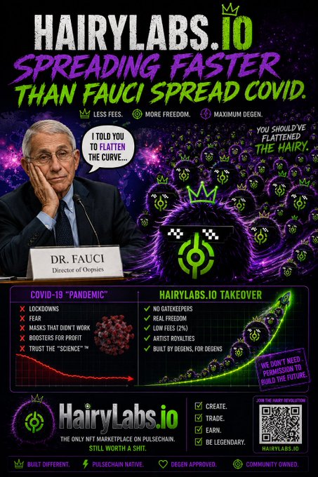 A promotional poster for HAIRYLABS.IO featuring Dr. Fauci ('Director of Oopsies') with text 'SPREADING FASTER THAN FAUCI SPREAD COVID', making controversial comparisons between COVID-19 'pandemic' and 'HAIRYLABS.IO TAKEOVER' with bullet points arguing against mask mandates and lockdowns.