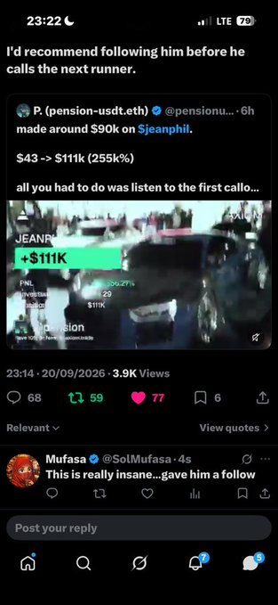 A screenshot of a social media post showing a 255% gain on $JEANPHIL, with the caption 'made around $90k on $jeanphil' and a reply calling the original poster insane.