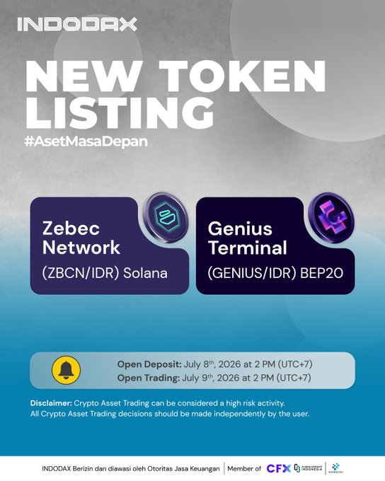 INDODAX announces new token listings for Zebec Network (ZBCN/IDR) on Solana and Genius Terminal (GENIUS/IDR) on BEP20, with deposits opening July 8th and trading on July 9th, 2026. The image highlights these two new crypto assets alongside the hashtag #AsetMasaDepan.