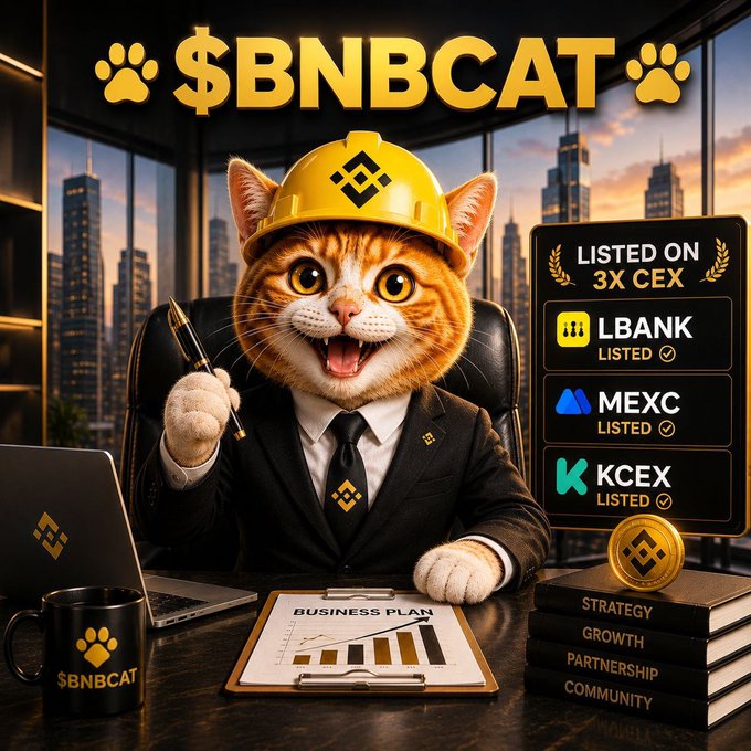 A sharp-dressed orange cat in a yellow hardhat sits confidently at a desk in a modern office, with a sign listing "$BNBCAT" on LBANK, MEXC, and KCEX exchanges, alongside a "Business Plan" clipboard and stacked books labeled "Strategy, Growth, Partnership, Community."