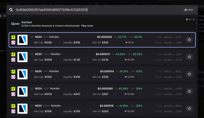 A search results page for the contract address '0x409e005d357ae9126548550f70318c1c52ef211f8' showing multiple NSDX tokens (Nasdex) on Base chain with varying market caps and 24-hour gains.