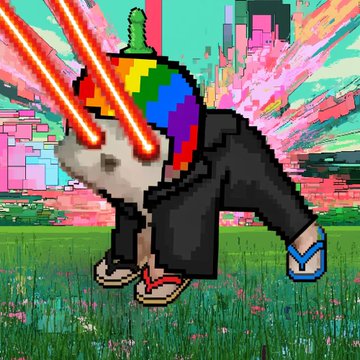 A pixel art image of a unicorn-headed figure in a black suit with rainbow-colored mane, shooting red laser beams from its eyes against a vibrant glitched background.