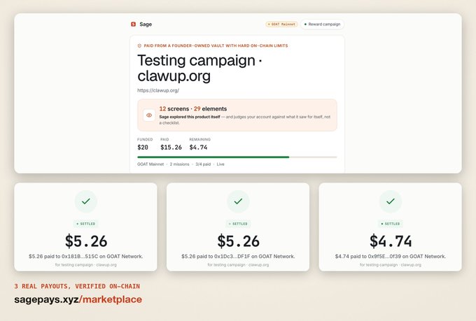 A screenshot of a 'Testing campaign · clawup.org' page on Sage, showing 3 real payouts settled to various wallet addresses with the text 'sagepays.xyz/marketplace' at the bottom.
