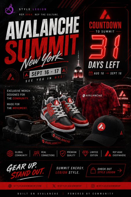 A promotional poster for 'Avalanche Summit New York' running September 16-17, showing merchandise including sneakers, sunglasses, a t-shirt, and a cap, with a countdown of 31 days left.