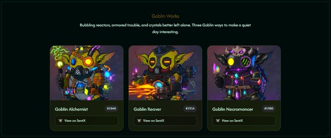 A digital marketplace interface titled 'Goblin Works' displays three goblin character NFTs—Alchemist, Reaver, and Necromancer—with prices of #1346, #1314, and #1190 respectively, and 'View on SentX' buttons.