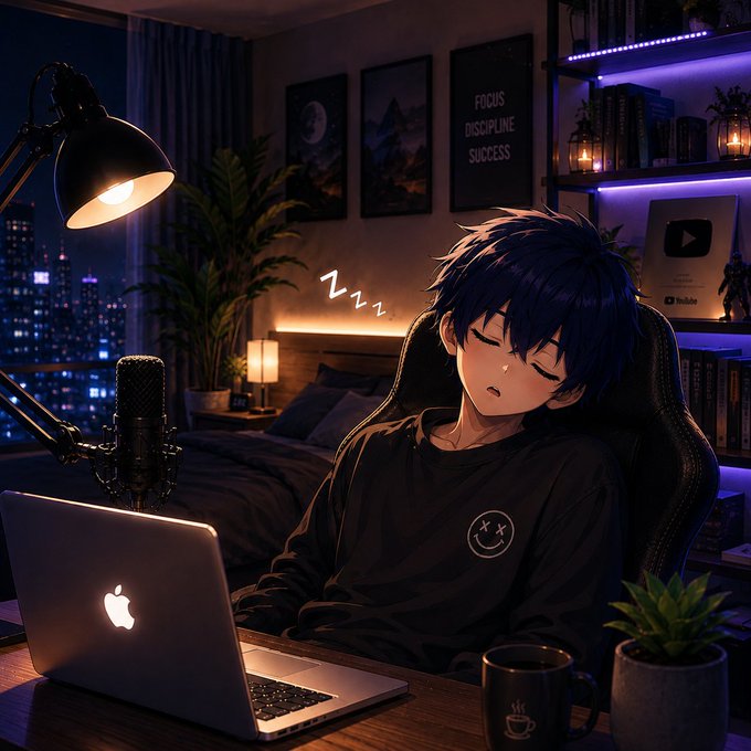 An anime-style illustration of a boy sleeping in a gaming chair at his desk in a dimly lit room with a laptop, microphone, and 'FOCUS DISCIPLINE SUCCESS' poster on the wall.