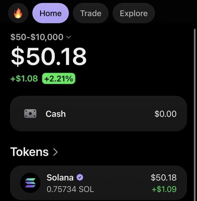 A cryptocurrency portfolio app shows a starting balance of $50.18, with $50 fully invested in 0.75734 Solana (SOL), up +$1.08 (+2.21%) on the day, illustrating the beginning of the creator's "$50 to $10,000 challenge."