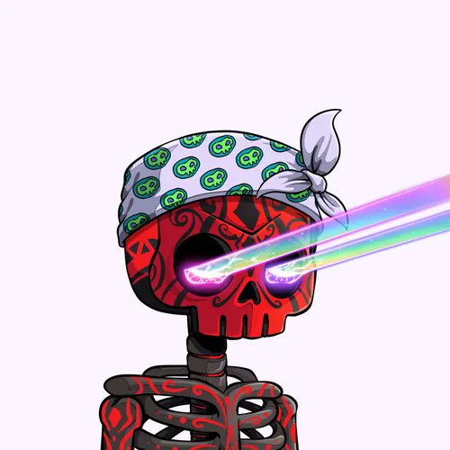 A cartoon illustration of a red skull with laser beam eyes wearing a green bandana patterned with skulls.