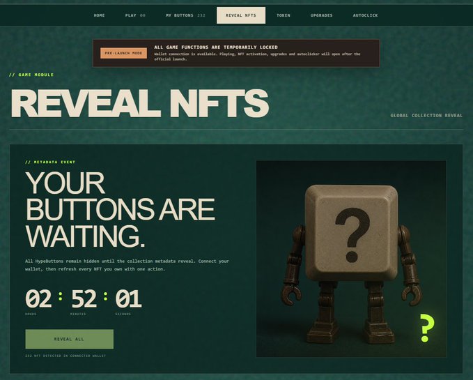 A website interface titled 'REVEAL NFTS' shows a countdown timer of 02:52:01 with the text 'YOUR BUTTONS ARE WAITING' alongside a 3D render of a brown boxy robot with a question mark on its face.