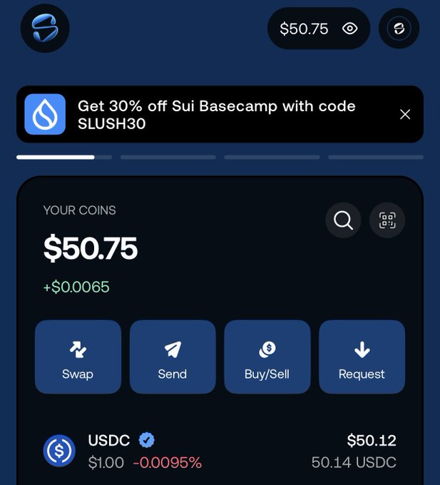 A cryptocurrency wallet interface showing a balance of '$50.75' (with a '+ $0.0065' gain) and offering action buttons for Swap, Send, Buy/Sell, and Request, with USDC listed at $1.00.