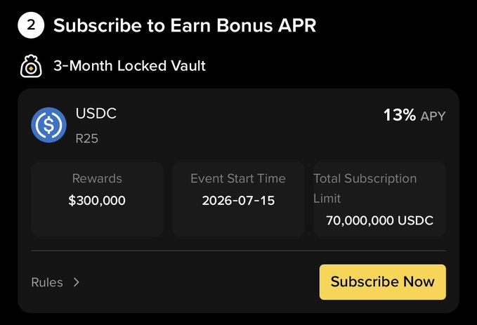 A screenshot of a 'Subscribe to Earn Bonus APR' interface for a 3-Month Locked Vault offering 13% APY on USDC, with a 'Subscribe Now' button.