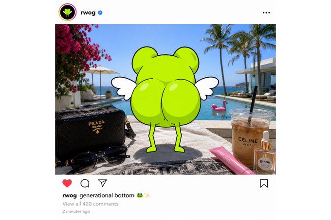 An Instagram post from the verified "rwog" account shows their green cartoon mascot character photoshopped to display a thonged backside, posed poolside at a tropical resort surrounded by luxury items including a Prada bag, Celine iced coffee, and a Dior product. The caption reads "generational bottom" with frog emojis, humorously justifying the post's complaint about keeping the character off Instagram.
