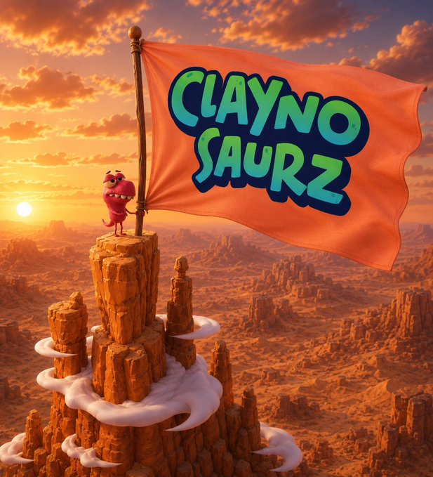 A digital illustration shows a small pink cartoon character standing on a rocky desert peak next to a large orange flag reading "CLAYNO SAURZ" against a sunset sky.
