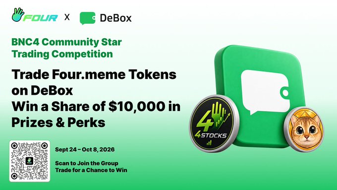 **Image 1:** Promotional advertisement for the **BNC4 Community Star Trading Competition**, featuring a collaboration between **FOUR** and **DeBox**. The graphic encourages users to **Trade Four.meme Tokens on DeBox** between **Sept 24 – Oct 8, 2026** to win a share of **$10,000 in Prizes & Perks**, and includes a QR code to join the group.