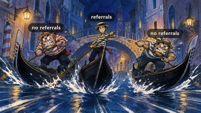 The image shows three gondoliers rowing through a Venetian canal, with the central one labeled "referrals" while the two outer ones appear frustrated and labeled "no referrals," illustrating how users with referrals gain priority routing over those without. The artwork, signed "Gondola," metaphorically depicts the post's message that DIEM lenders sharing referral links will receive priority access, leaving non-referrivers to row without success.