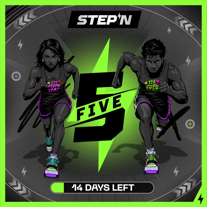 A promotional graphic for STEP'N featuring illustrated runners, the text "STEP'N" at the top, a central "5" with "FIVE", and a progress bar reading "14 DAYS LEFT".