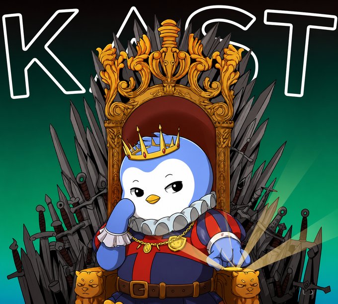 A cartoon penguin wearing a crown and royal regalia sits on an ornate throne made of swords, with "KAST" displayed in large white letters at the top—visually reinforcing the post's message about KAST crypto card rewards and the Reserve feature delivering effortless, ritual-like cashback.
