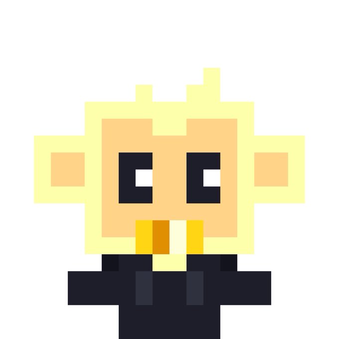 A pixel art character with light yellow hair, large black eyes, and a dark outfit on a white background.