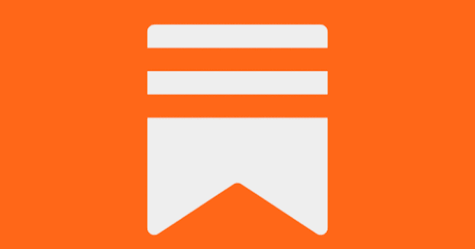 An orange graphic icon depicting a white bookmark or ribbon-style symbol with a notched bottom edge.