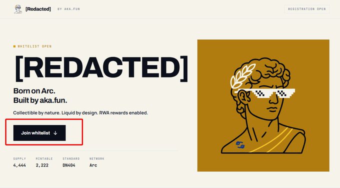 A webpage for a project titled '[REDACTED]' by aka.fun features a button reading 'Join whitelist' outlined in red, with an illustration of a classical bust wearing pixelated sunglasses.