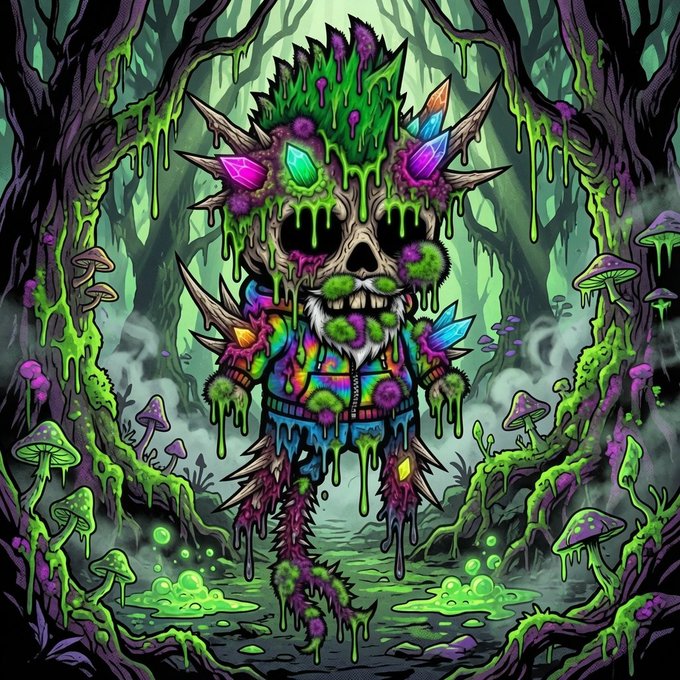 A vibrant, psychedelic illustration depicts a spiky, moss-covered skeleton creature wearing a tie-dye jacket, standing in a green, dripping forest filled with glowing mushrooms.