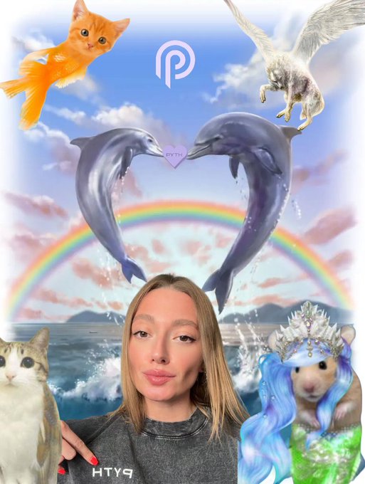 A young woman poses in front of a surreal digital backdrop featuring a rainbow, two dolphins forming a heart, a cat, an eagle, and a cat-mermaid wearing a crown, with a 'PYTH' logo at the top.