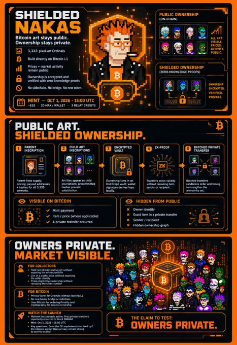 An infographic about "Shielded Nakas" pixel art, explaining public versus shielded ownership on Bitcoin, featuring 3,333 pixel art ordinals built directly on Bitcoin L1, with a mint date of Oct 1, 2026.
