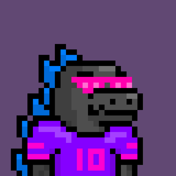 Pixel art style portrait of a character with blue hair wearing a purple jersey with the number '10' and a pink visor, set against a purple background.