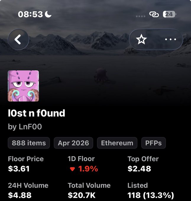 The image displays an OpenSea NFT collection page for "lOst n fOund" by LnF00, featuring 888 items on Ethereum with a floor price of $3.61, 24H volume of $4.88, and total volume of $20.7K. The pink character PFP in the collection preview ties to the creator's request in the post, asking supporters to purchase a "l0f0_00" NFT to support the project's scientist.