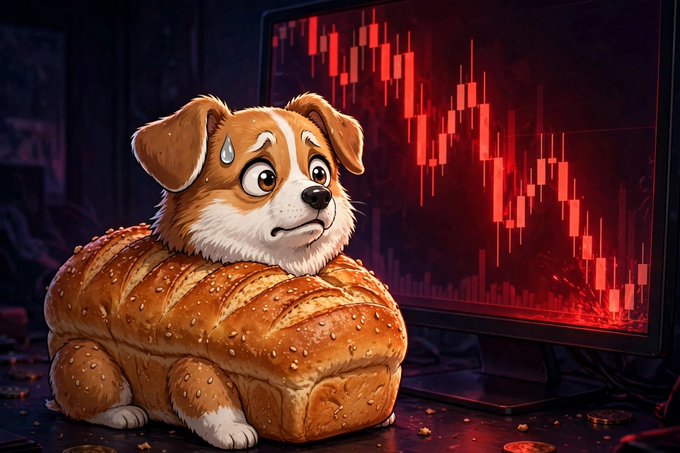 A digital illustration of a corgi dog that appears to have a bread loaf body, sweating and looking worried as it watches a computer monitor displaying a red bearish stock/crypto price chart with dropping candlesticks.