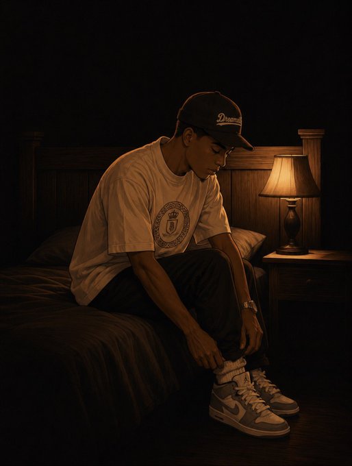 A young man wearing a Dodgers cap, cream t-shirt, and Nike sneakers sits on the edge of a bed in a dimly lit room, adjusting his socks next to a glowing lamp.