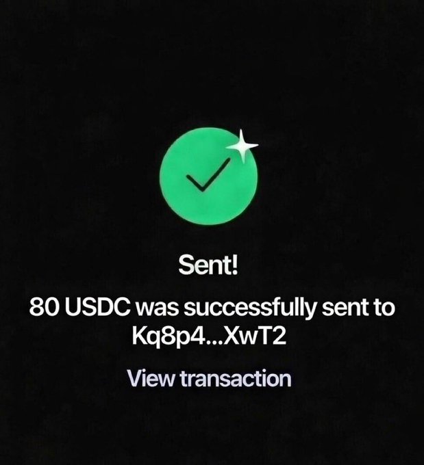A digital confirmation screen with a green checkmark icon showing "Sent! 80 USDC was successfully sent to Kq8p4...XwT2" with a "View transaction" link.