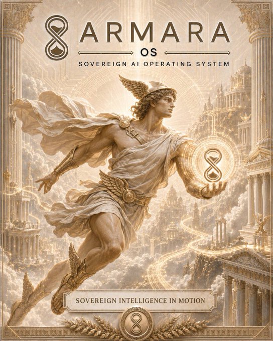 A classical-style illustration of a winged figure holding a glowing symbol, promoting 'ARMARA OS SOVEREIGN AI OPERATING SYSTEM' with the tagline 'SOVEREIGN INTELLIGENCE IN MOTION'.