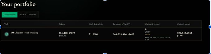 A dark-themed portfolio dashboard showing 'pVAULT Positions' with a 'Claim Positions' button. It displays a vault for 'EM Counter Trend Tracking' with 754.108 ENGTT tokens, valued at 569,739.426 pTART, and 100,542.2513 pTART claimed.