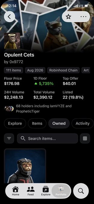 A mobile screenshot of a crypto/NFT marketplace showing an 'Opulent Cets' collection by 0x9772 on the Robinhood Chain, with a Floor Price of $176.98, +5.735% in 1D, and 24H Volume of $2,248.18.