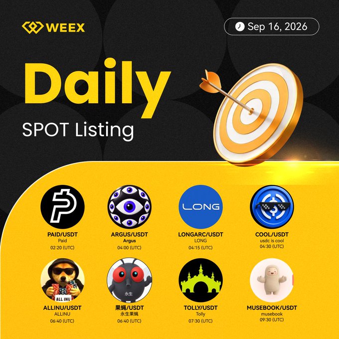 A WEEX 'Daily SPOT Listing' graphic dated Sep 16, 2026, showing new trading pairs including PAID/USDT, ARGUS/USDT, LONG/USDT, COOL/USDT, ALLINU/USDT, 永生/USDT, TOLLY/USDT, and MUSEBOOK/USDT with their respective listing times in UTC.
