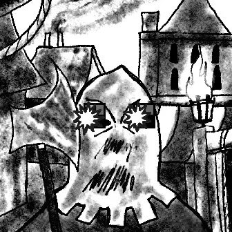 A black-and-white sketch depicts a fearsome, wide-eyed ghost-like creature with a menacing grin standing before a haunted castle, with smoke curling from chimneys and a sinister figure lurking in the background—fitting the spooky, Halloween-esque aesthetic suggested by the "Ordinals GMB" reference.