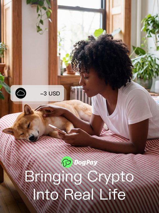 An advertisement for DogPay cryptocurrency showing a woman and her Shiba Inu dog on a bed, displaying a -3 USD transaction and the tagline 'Bringing Crypto Into Real Life.'
