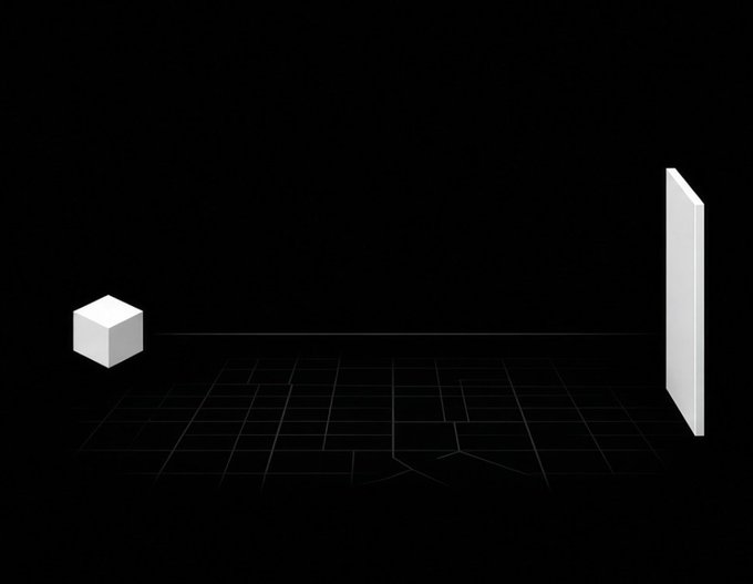 A minimalist 3D rendering showing a small white cube casting a shadow onto a vertical white plane against a black background, illustrating a basic lighting or projection concept.
