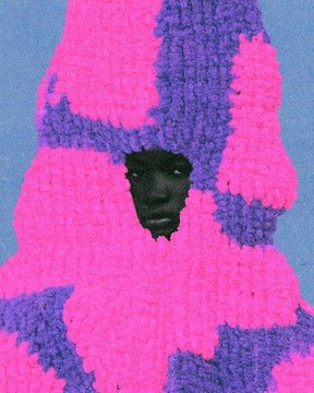 An artistic image showing a face emerging from a pink and purple knitted fabric against a blue background.
