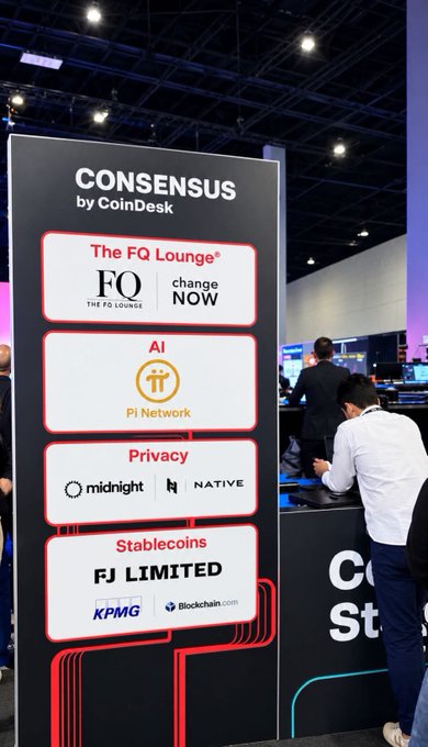A "CONSENSUS by CoinDesk" event sign categorizing topics like "The FQ Lounge," "AI" (Pi Network), "Privacy" (Midnight, Native), and "Stablecoins" (FJ Limited, KPMG, Blockchain.com) in a busy convention hall.