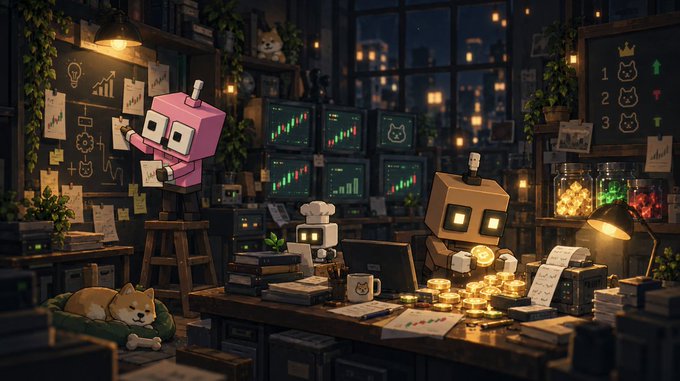 An illustrated scene of a cozy room at night where several small, cute robots are analyzing data on monitors and scattered papers, accompanied by a sleeping dog.